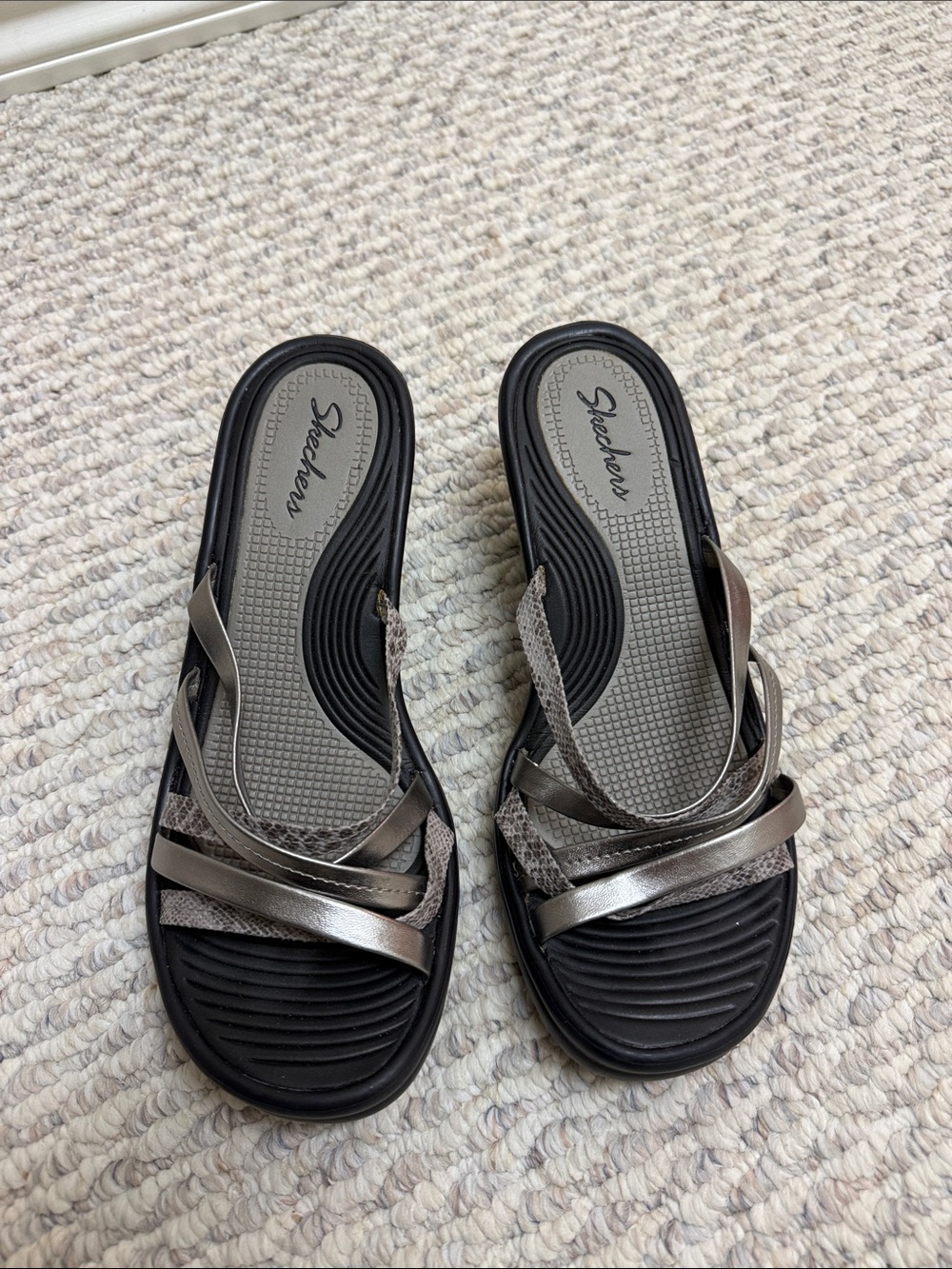 Skechers Women's Metallic Pewter Crisscross Slide Sandals